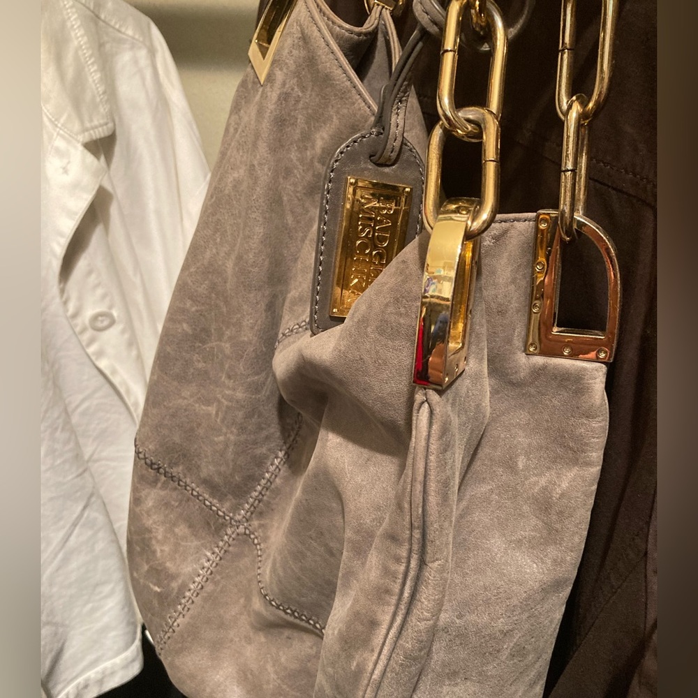 Badgley Mischka taupe shoulder bag with gold colored hardware